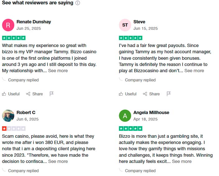 Bizzo Casino gets great reviews on Trustpilot
