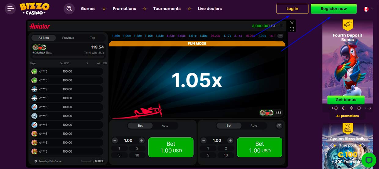 Bizzo Casino register and log in