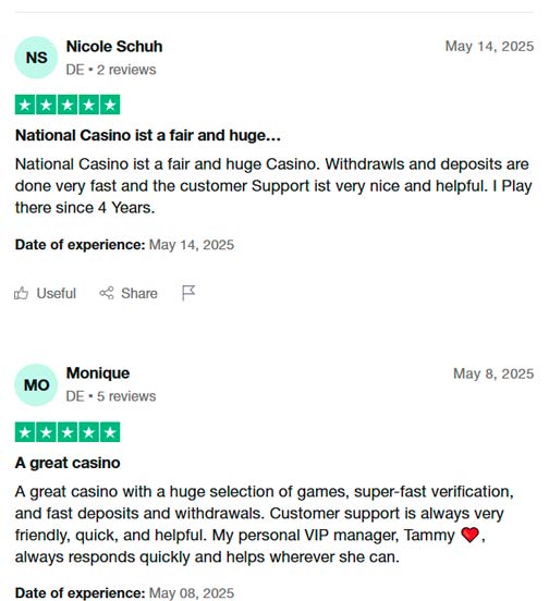 National Casino strong praise on Trustpilot